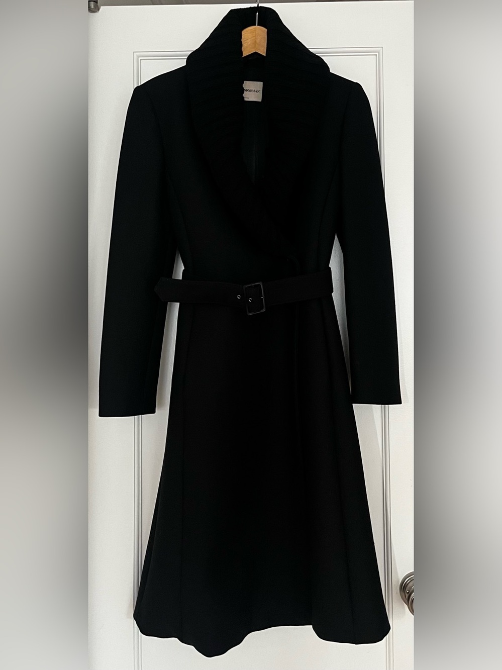 Emporio Armani black wool coat with knit shawl collar and belt